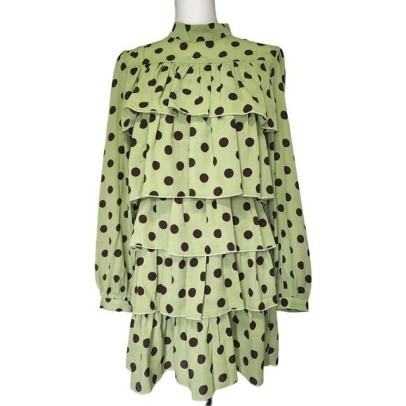 Nasty Gal Dresses & Skirts - Nasty Gal Satin Spot Tiered Frill Smock Dress Green/Brown Size 6
